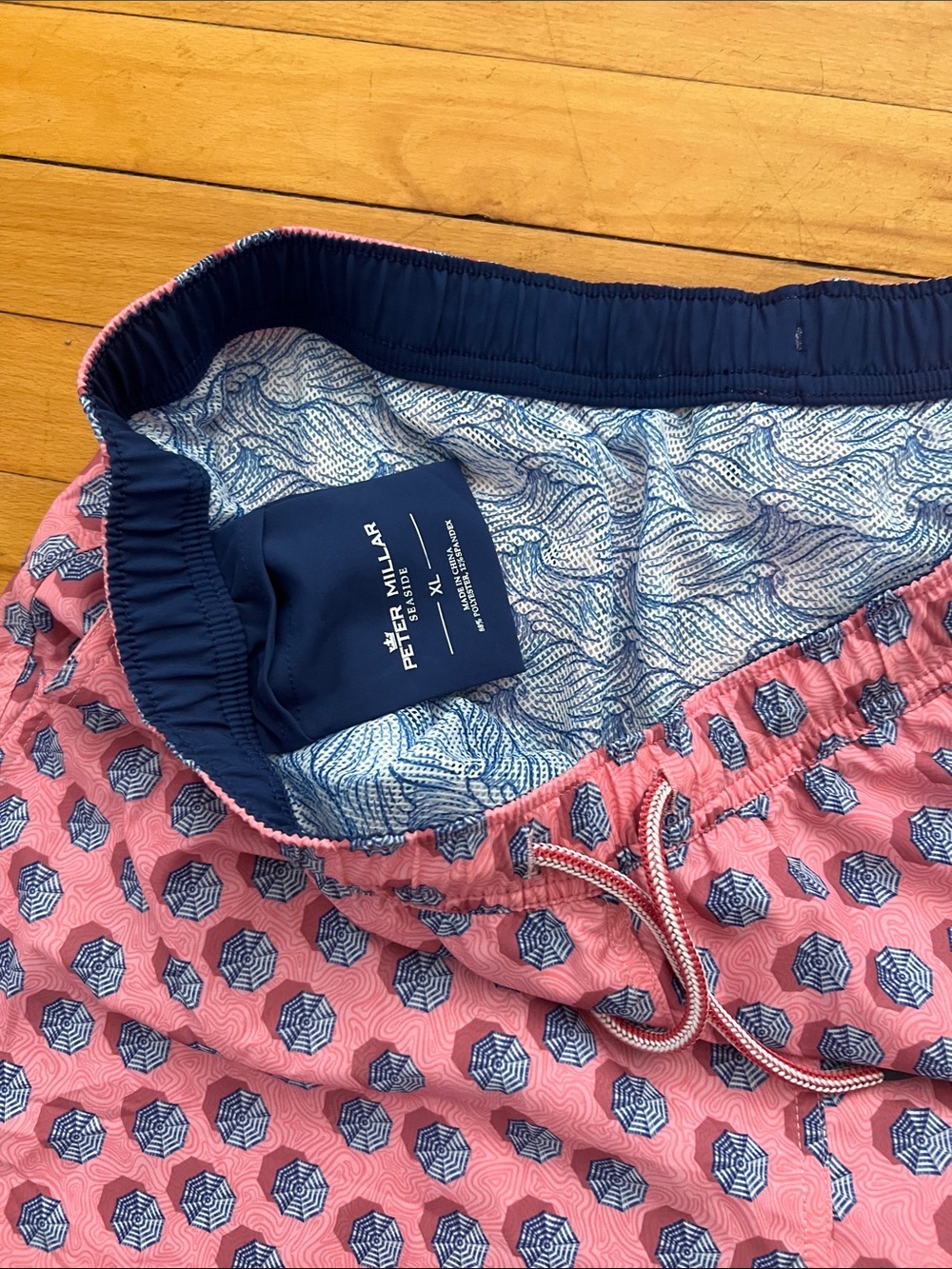 Peter Millar Pink and Navy Geometric Swim Trunks- men XL